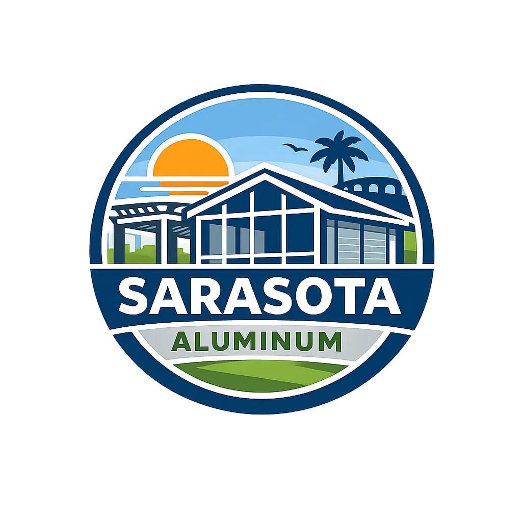 Sarasota Aluminum logo featuring sunroom, pergola, and aluminum outdoor living design elements in Sarasota, FL